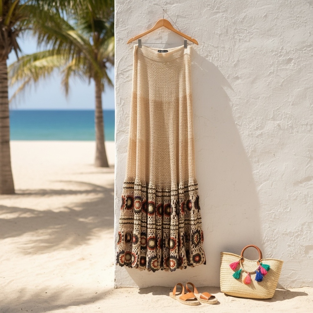 Free People Beige Crochet Maxi Skirt with Multicolor Hem Detail